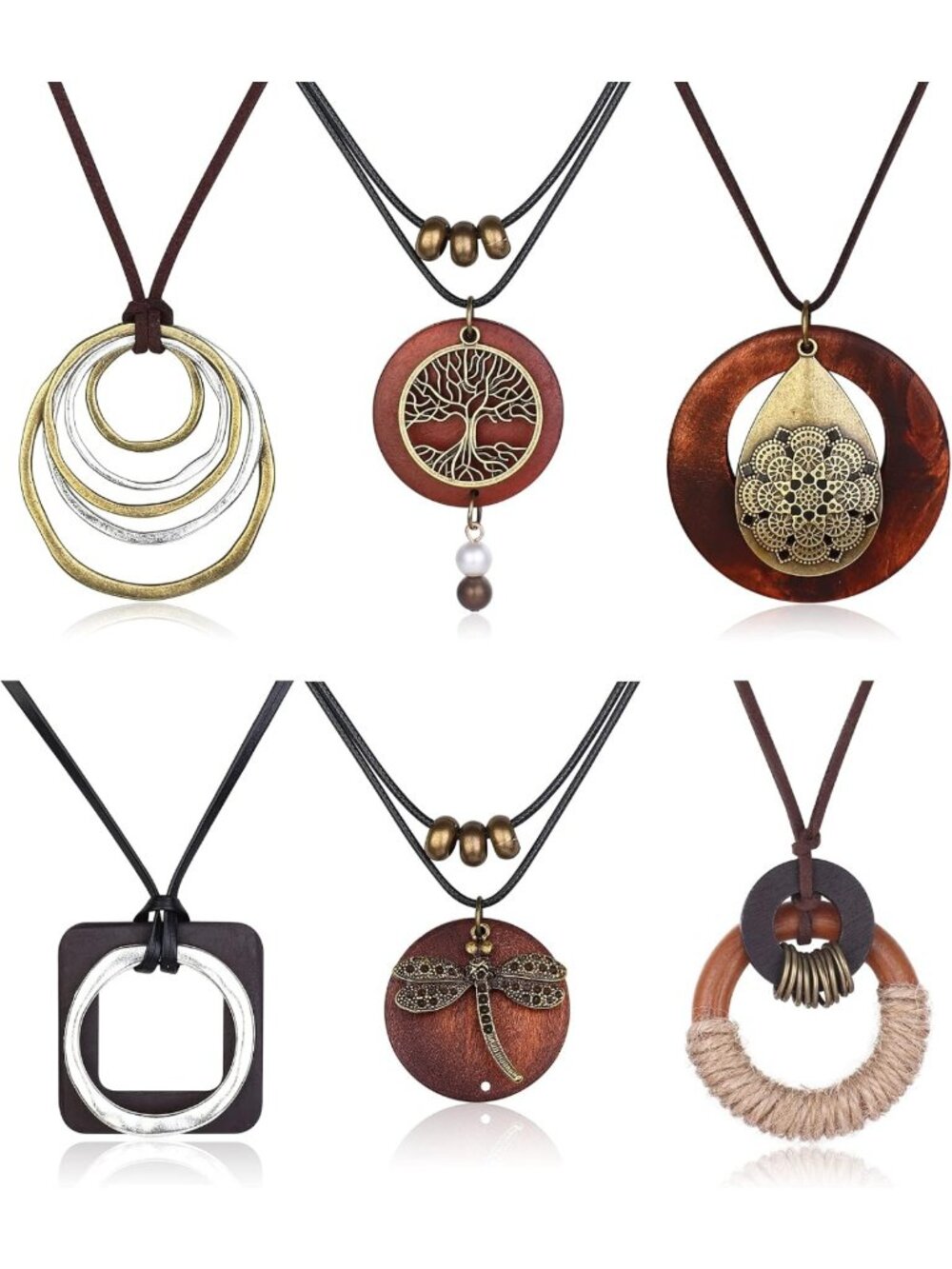 6Pcs Boho Wooden Necklaces for Women - Trendy Long Layered Jewelry Set